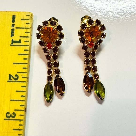 VINTAGE JULIANA DOMED DOUBLE SYEM LEAF BROOCH & EARRINGS HINESTONE  JEWELRY - Picture 8 of 8